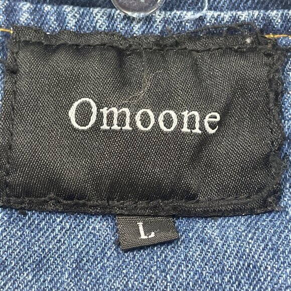 Omoone Women’s Blue Denim Jacket Distressed Pockets Button Closure Sz L - Picture 9 of 11